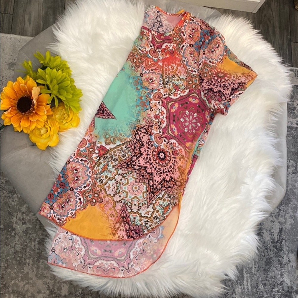 Print Multi Color Short Sleeved Top Deco Print Sz MED